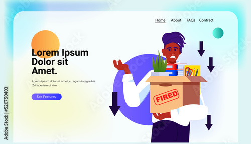 unhappy business man holding cardboard box with things you are fired dismissal unemployment jobless employee job reduction