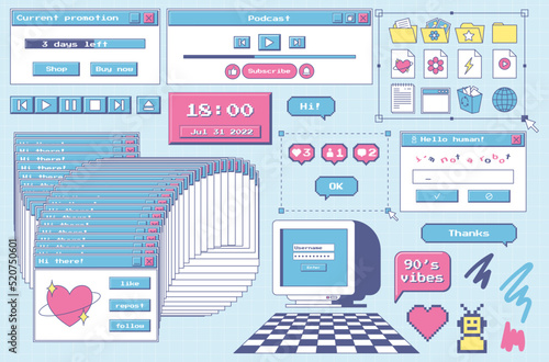 A set of user interface design elements in 80s, 90s retro style. Old computer aesthetics. Vintage nostalgic icons and windows. Folder icons,, monitor, frozen dialog box, player. Vector illustration