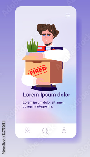 unhappy business man holding cardboard box with things you are fired dismissal unemployment jobless employee job reduction
