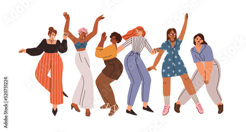 Happy young women dancing together. Diverse fashion girls dancers. Dance, fun and joy of modern energetic excited female friends. Flat graphic vector illustration isolated on white background