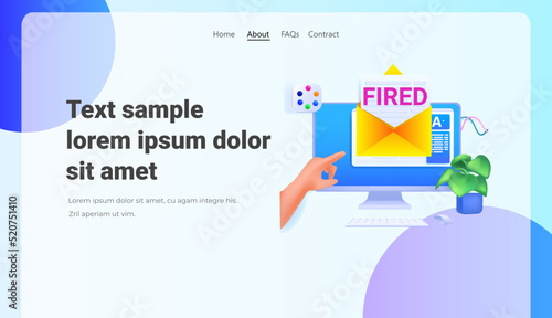 you are fired envelope letter on computer monitor dismissal unemployment jobless employee job reduction concept