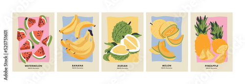 Vector illustration set of posters with different fruits. Art for postcards, wall art, banner, background.