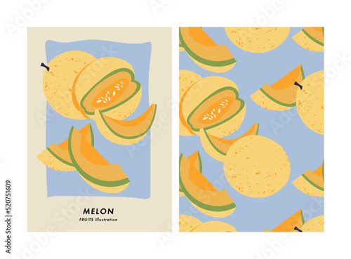 Vector illustration poster with melon fruit. Art for postcards, wall art, banner, background. Seamless pattern.