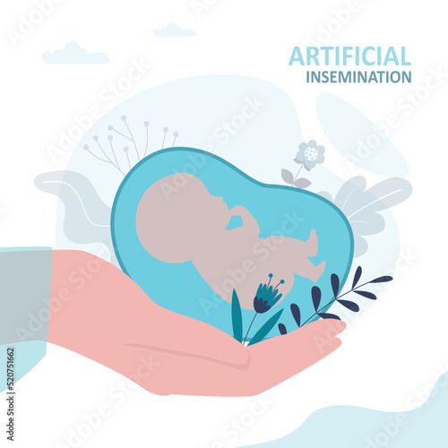 Hand gently holds embryo in placenta. Concept of artificial insemination and embryology
