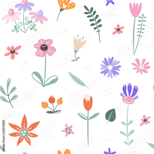 Set of cute hand drawn colorful flowers in scandinavian style on white background. Trendy modern seamless pattern of fabric repeatable motif.