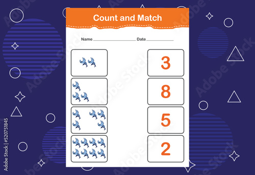 Count and match with the correct number. Matching education game. Count how many items and choose the correct number