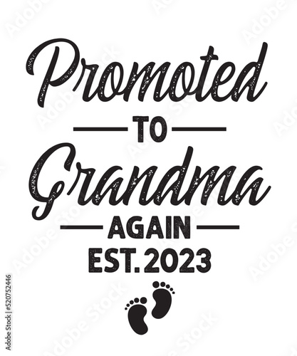 promoted to grandma again est.2023is a vector design for printing on various surfaces like t shirt, mug etc. 
