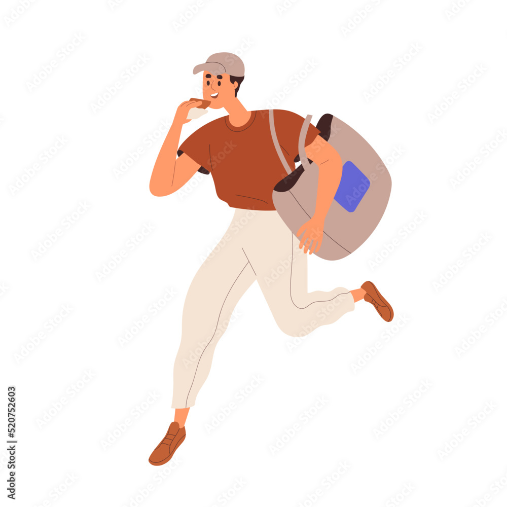 Busy man running, hurrying. Active hectic person eating food, having snack on the go. Happy guy is late for urgent business. Lack of time concept. Flat vector illustration isolated on white background Busy man running, hurrying. Active hectic person eating food, having snack on the go. Happy guy is late for urgent business. Lack of time concept. Flat vector illustration isolated on white background