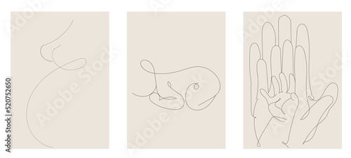 Happy family in continuous line art drawing style. family history, pregnant woman, newborn baby, palms of mom, dad, baby  on white isolated background. Vector illustration. 
