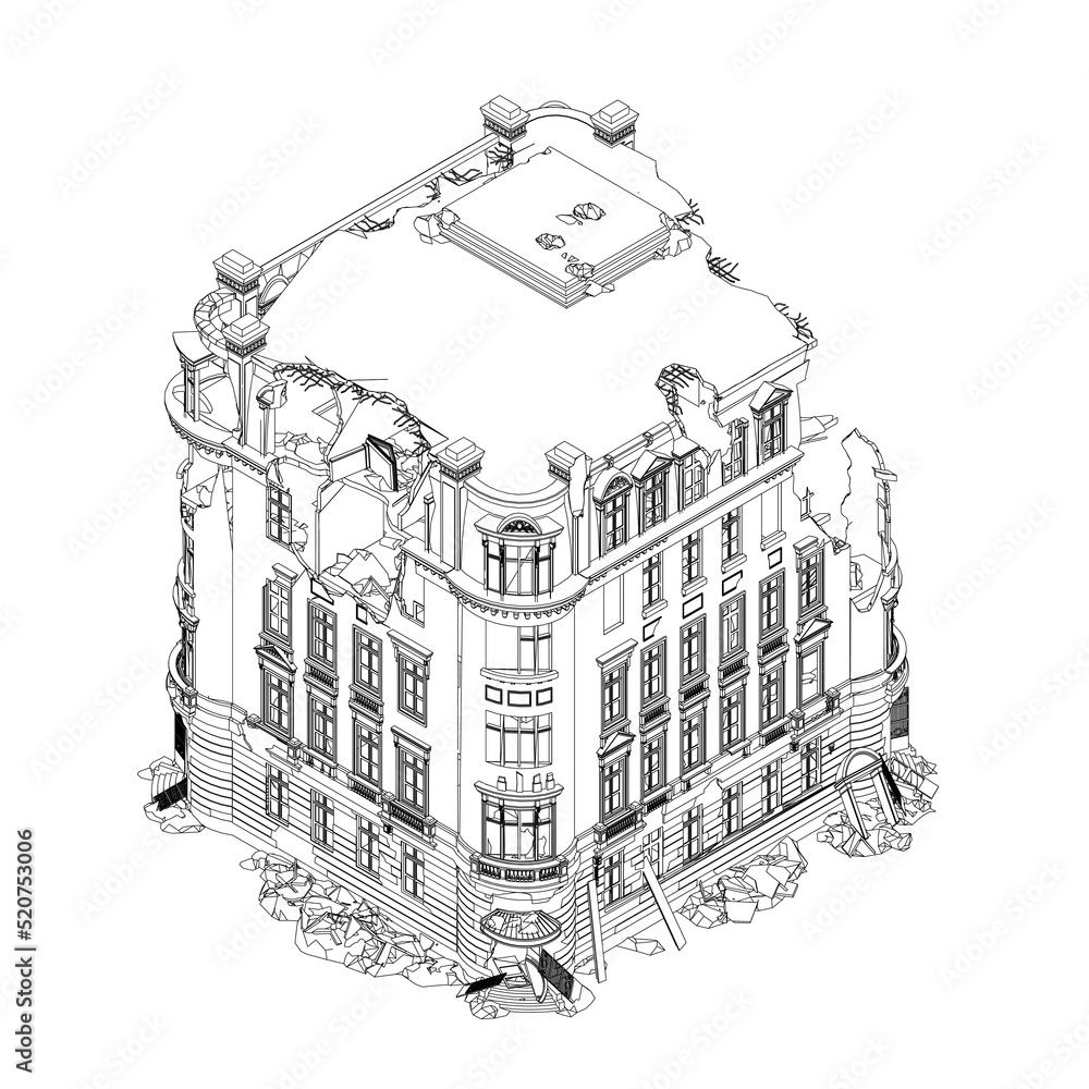 Outline of a destroyed house from black lines isolated on a white background. Isometric view. Vector illustration.