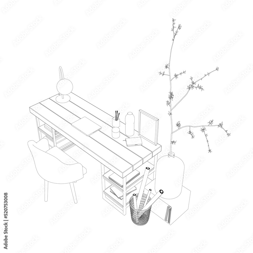 Fototapeta premium Workplace outline with chair, table, books and growth from black lines isolated on white background. Isometric view. Vector illustration.