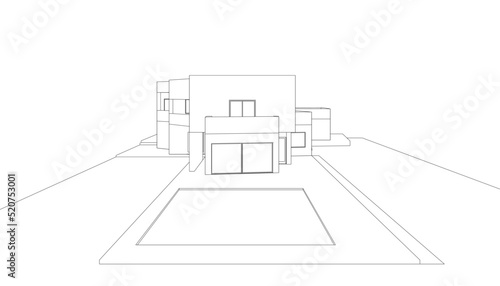 Contour of a house with a swimming pool from black lines isolated on a white background. Front view. Vector illustration.