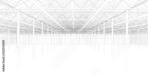 Outline of a large empty hangar from black lines isolated on a white background. Vector illustration.