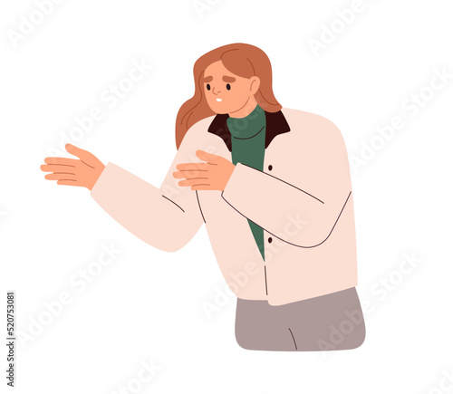 Unhappy annoyed woman gesturing, explaining fail. Frustrated irritated disappointed person making excuses. Discontent dissatisfied emotion. Flat vector illustration isolated on white background
