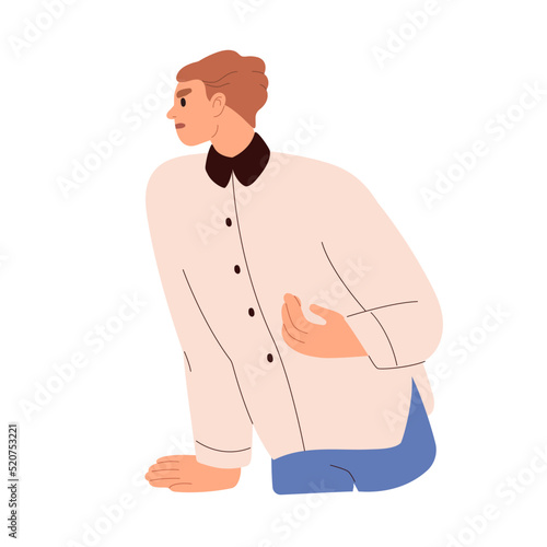 Angry frowning man with displeased face expression. Annoyed irritated discontent person gesturing, explaining smth with negative emotions. Flat vector illustration isolated on white background