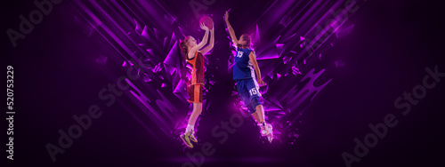 Creative artwork with two young female basketball players playing basketball isolated on dark background with neon elements. Concept of sport, enegry