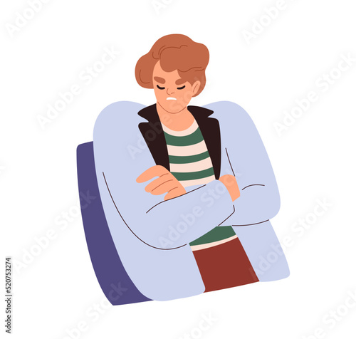Upset offended woman in bad mood with unhappy negative face expression. Sad discontent person with arms crossed, feeling offence, displeasure. Flat vector illustration isolated on white background