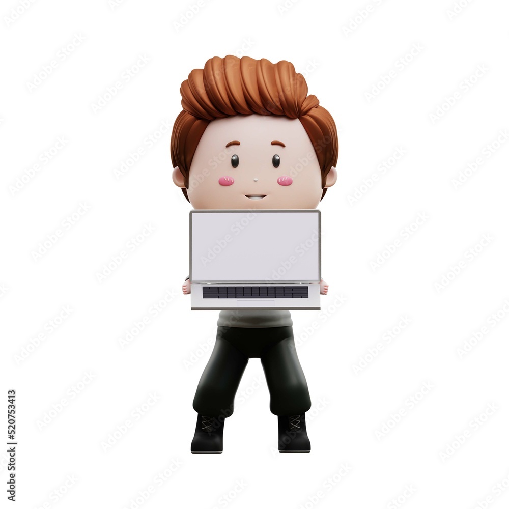 3d rendering illustration of boy holding laptop 3d rendering illustration of boy holding laptop