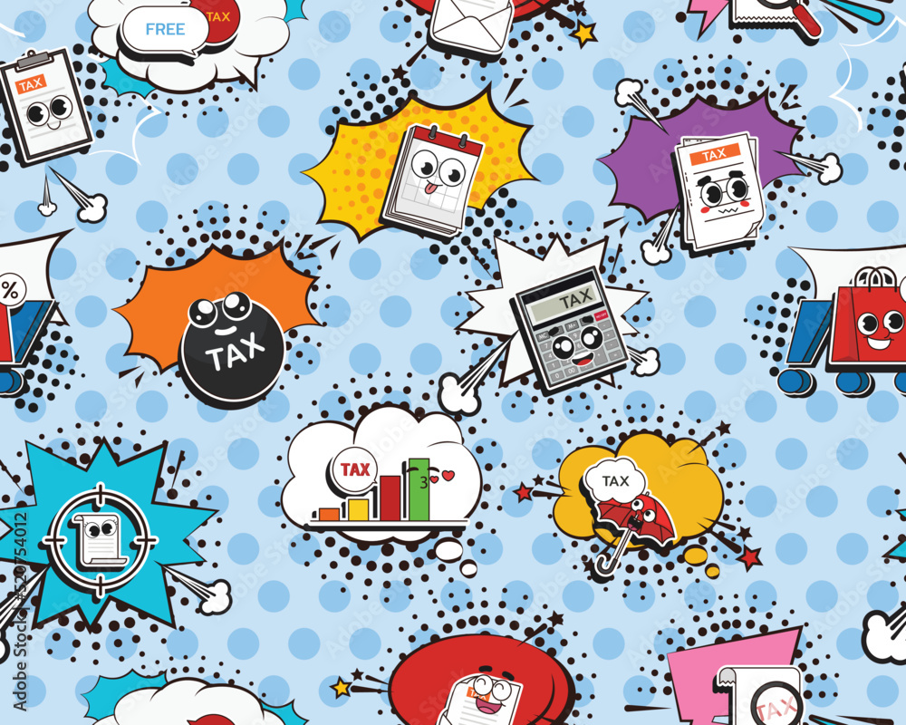 Vector flat seamless texture pattern Hand drawn flat trendy cartoon elements collection Tax Finance Vector flat seamless texture pattern Hand drawn flat trendy cartoon elements collection Tax Finance