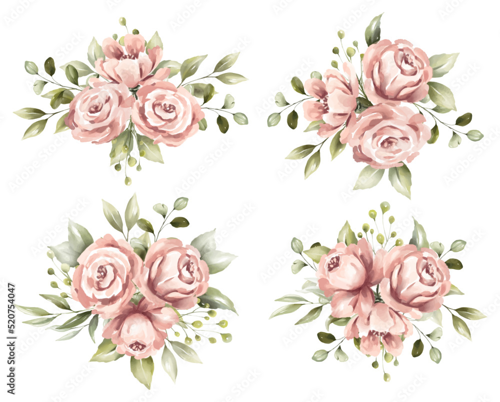 Set of watercolor floral frame bouquets of pink roses and leaves