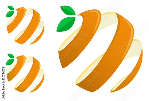 Orange peel emblem twisted into spiral with green leaves. Citrus fruit symbol in abstract form. Vector isolated on white background