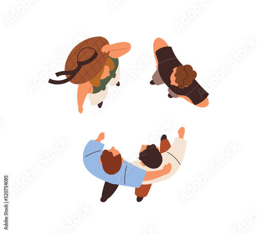 People meeting, talking top above view. Overhead friends standing together, s...