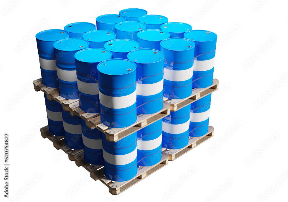 Barrels for chemistry. Pallets with drums for toxic chemistry industry
