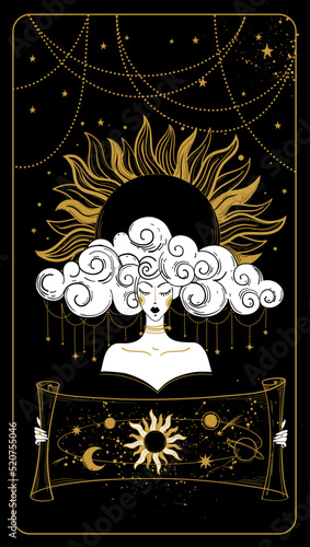 Mystical boho woman with magic book. Beautiful witch with a map of the universe, the moon and the sun. Queen or goddess of fate character. Vector map with black background, linear hand drawing.