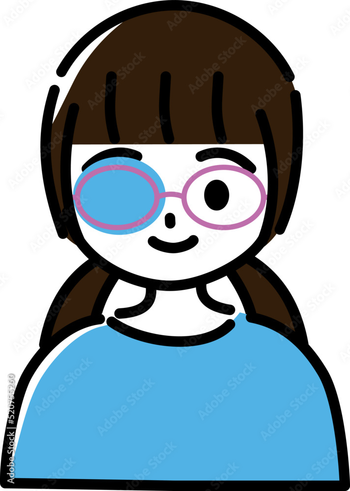 Obraz premium 幼児から小学生低学年くらいのメガネをかけてアイパッチを付けた笑顔の女の子（上半身）