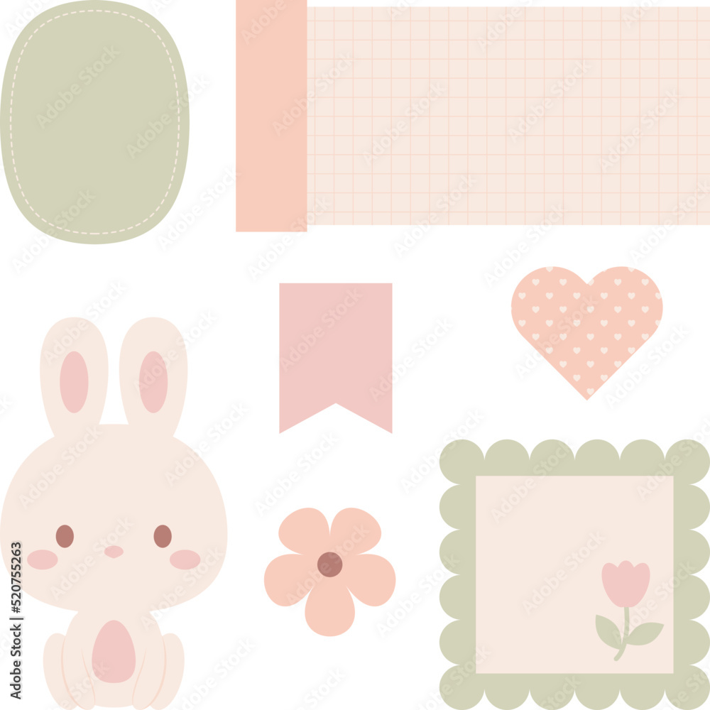 Cute digital note papers and stickers for bullet journaling or planning. Kawaii bunny, and flowers. Ready to use digital stickers for digital planner. Vector art.