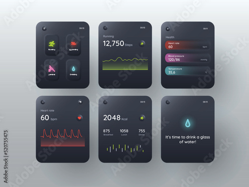 Fitness app UI, UX screens for smart watches with multiple tracking options. Medical and Technology Concept. Neon Lighting.