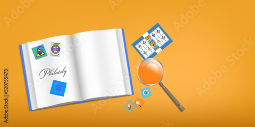 Vector 3d album or book with a blank page, a magnifying glass and postage stamps on a bright orange background. Hobbies, collecting, philately photo