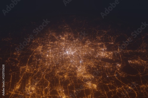 Aerial shot on Leipzig (Germany) at night, view from west. Imitation of satellite view on modern city with street lights and glow effect. 3d render