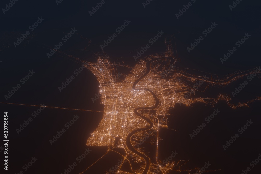 Aerial shot on New Orleans (Louisiana, USA) at night, view from west. Imitation of satellite view on modern city with street lights and glow effect. 3d render - obrazy, fototapety, plakaty 