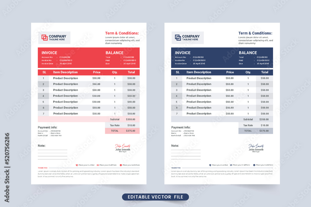 Creative invoice template design for payment information. Business stationery and invoice vector with red and dark blue color. Invoice bill template and cash receipt design with business info section. Creative invoice template design for payment information. Business stationery and invoice vector with red and dark blue color. Invoice bill template and cash receipt design with business info section.