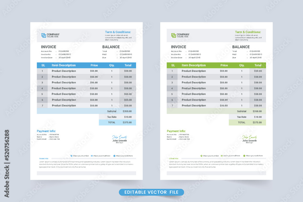 Invoice Template decoration with green and cyan-blue colors. Cash receipt and invoice bill template for business. Business stationery and payment receipt template. Creative purchase bill design. Invoice Template decoration with green and cyan-blue colors. Cash receipt and invoice bill template for business. Business stationery and payment receipt template. Creative purchase bill design.