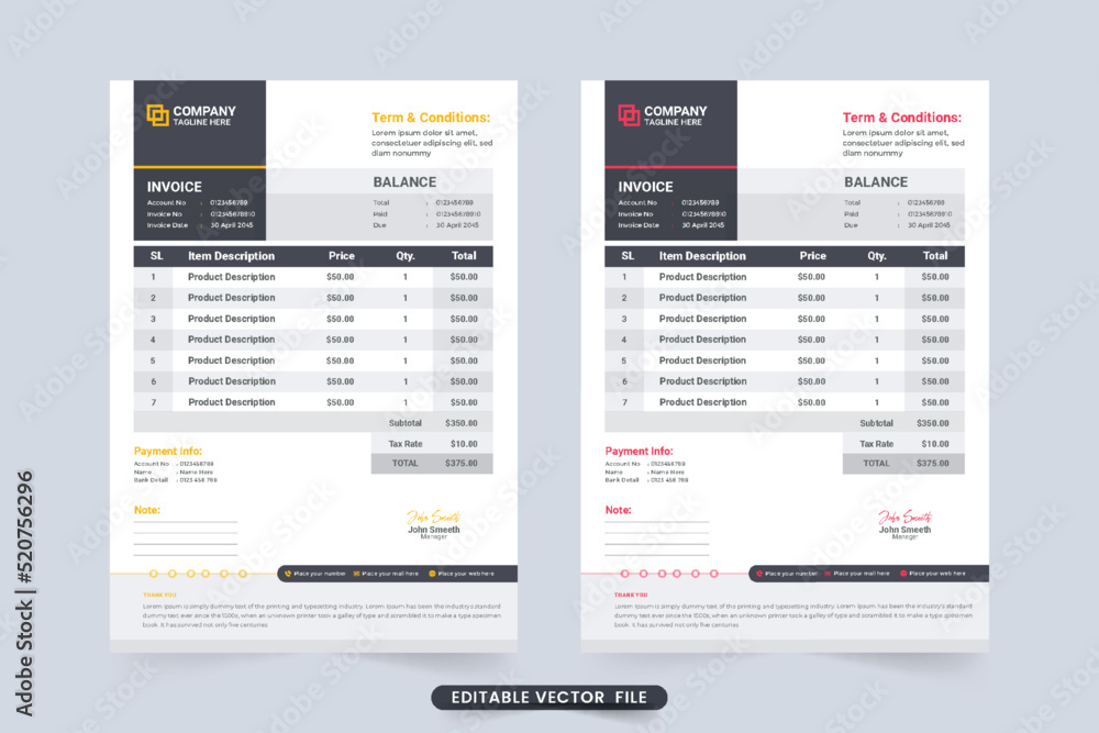 Digital purchase bill and cash receipt design with dark shades. Invoice Template vector for business and shop. Payment receipt template with red and yellow colors. Business stationery invoice bill. Digital purchase bill and cash receipt design with dark shades. Invoice Template vector for business and shop. Payment receipt template with red and yellow colors. Business stationery invoice bill.