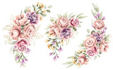 Set of watercolor floral frame bouquets of rose and peony