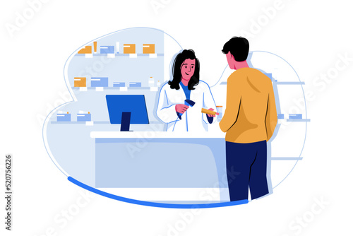 Man buying medicine at a pharmacy shop Illustration concept. Flat illustration isolated on white background
