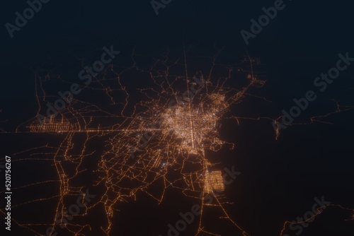 Aerial shot on Herat (Afghanistan) at night, view from east. Imitation of satellite view on modern city with street lights and glow effect. 3d render