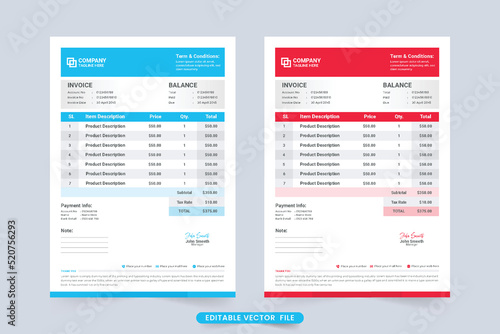 Payment agreement and invoice template vector with cyan and red color. Product buy and sell billing invoice design with payment information. Minimal invoice template with price receipt vector.