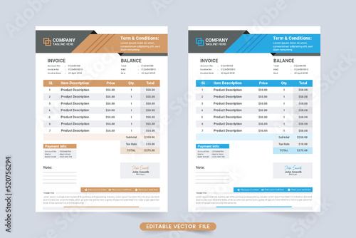 Minimal invoice template design for business billing method. Product price receipt and payment agreement invoice vector. Business invoice design with orange shade and blue colors. Cash receipt invoice