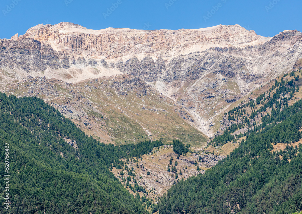 Beautiful view of the Italian French Alps between Italy and France with fir trees forest and blue sky