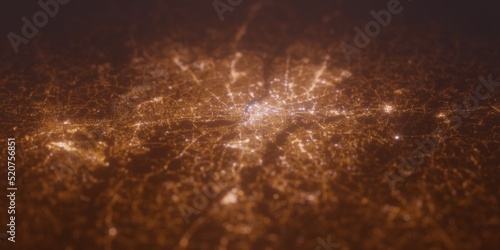 Street lights map of Richmond (Virginia, USA) with tilt-shift effect, view from east. Imitation of macro shot with blurred background. 3d render, selective focus