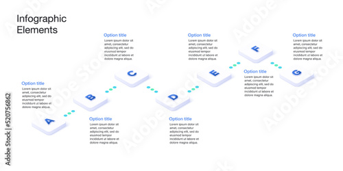 Business process chart infographics with 7 step cubes. Cubic corporate workflow graphic elements. Company flowchart presentation slide. Vector info graphic in isometric design.