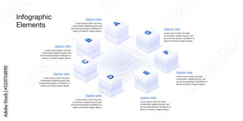 Business process chart infographics with 7 step cubes. Cubic corporate workflow graphic elements. Company flowchart presentation slide. Vector info graphic in isometric design.