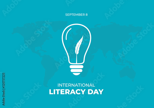 International literacy day banner poster with big lamp and world map on blue color background.