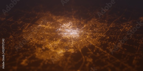Street lights map of Lexington (Kentucky, USA) with tilt-shift effect, view from east. Imitation of macro shot with blurred background. 3d render, selective focus