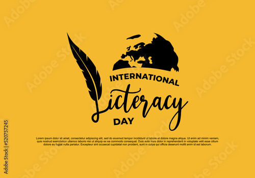 International literacy day banner poster with feather and world map on yellow color background.