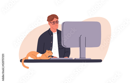 Person at computer, cat lying on desk. Man freelance worker and cute kitty at home office. Remote work of pet owner and feline animal. Flat graphic vector illustration isolated on white background